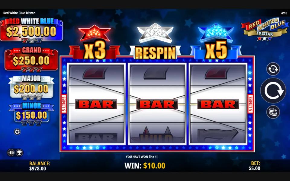Three red BAR symbols paying ten dollars across the middle line of Red White & Blue Tristar, with the three star pots above the reels and the four prize signs down the left