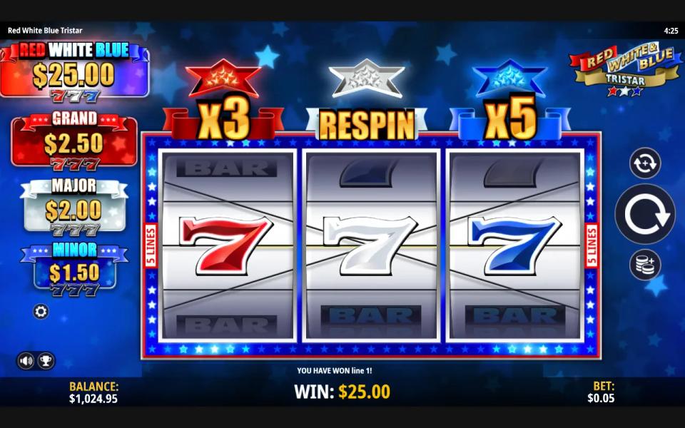 A red seven, a white seven and a blue seven on the middle line of Red White & Blue Tristar paying twenty five dollars at a five cent stake