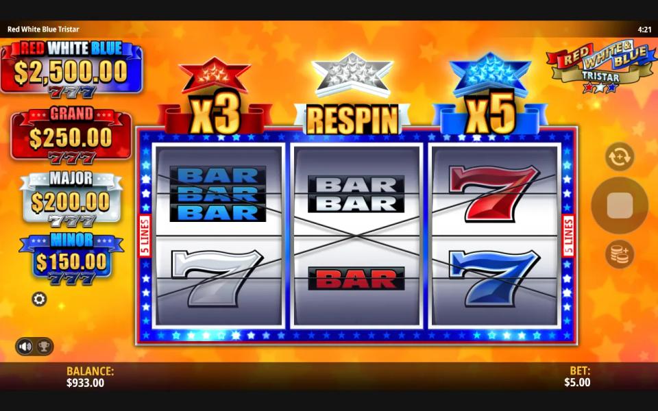 The respin in Red White & Blue Tristar settling with no winning line, the background turned gold