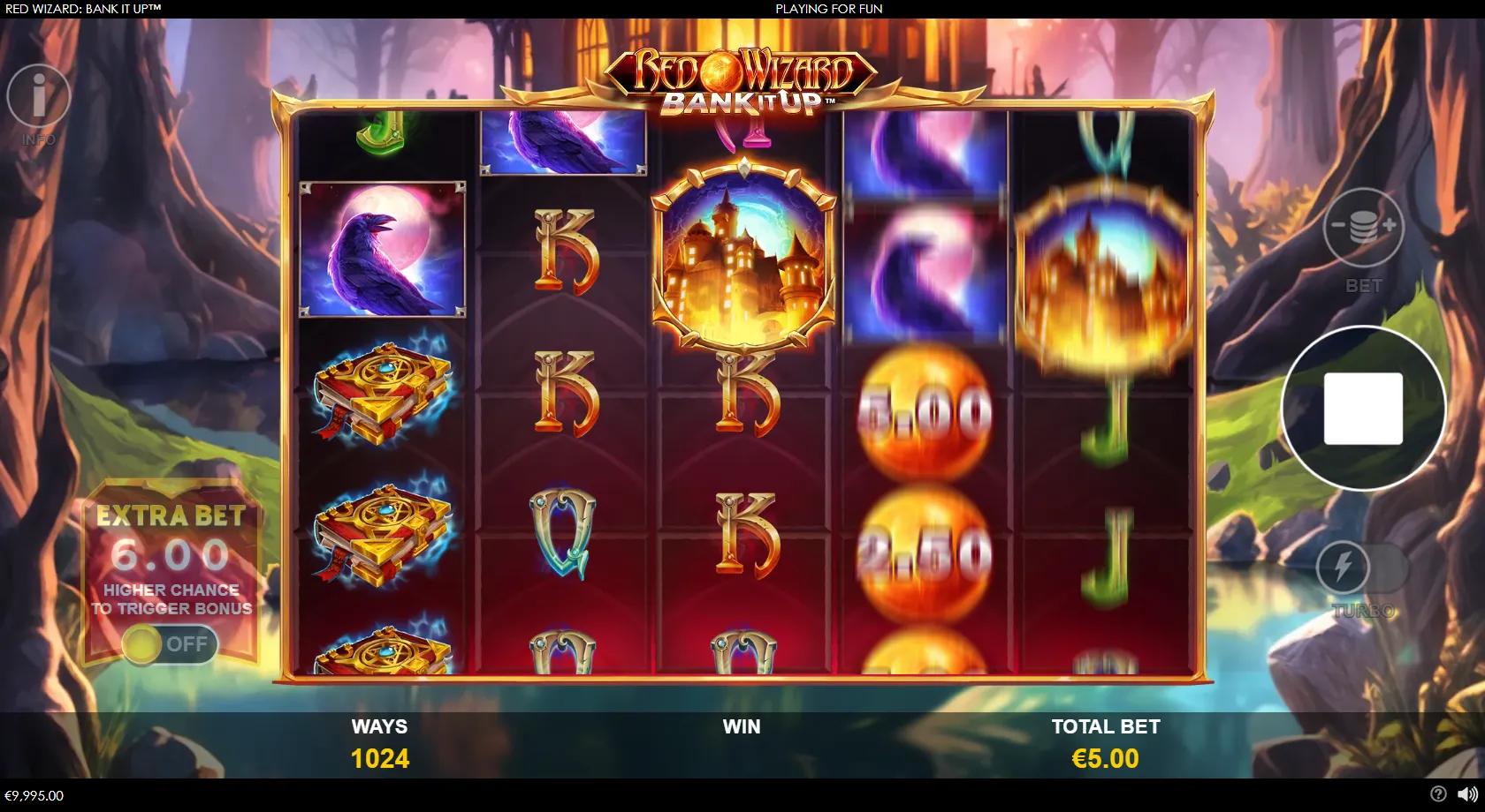 Red Wizard Bank It Up slot gameplay showing 5x4 dark-fantasy grid with the Red Wizard, fiery cash orbs and 1024 ways