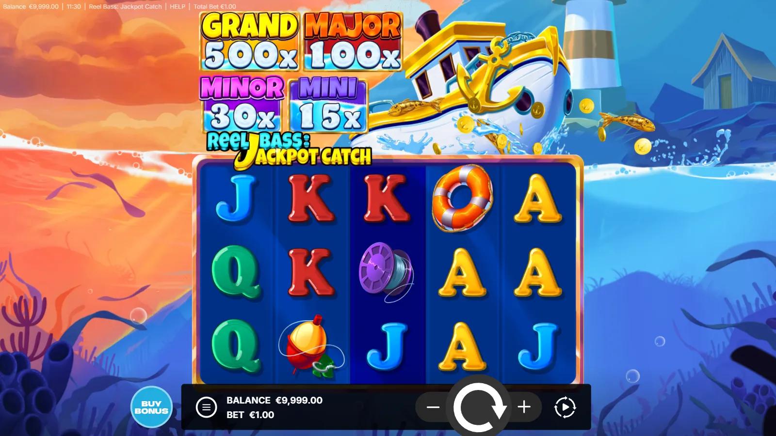Reel Bass Jackpot Catch slot gameplay showing the 5x3 fishing grid with the Grand/Major/Minor/Mini jackpot panel