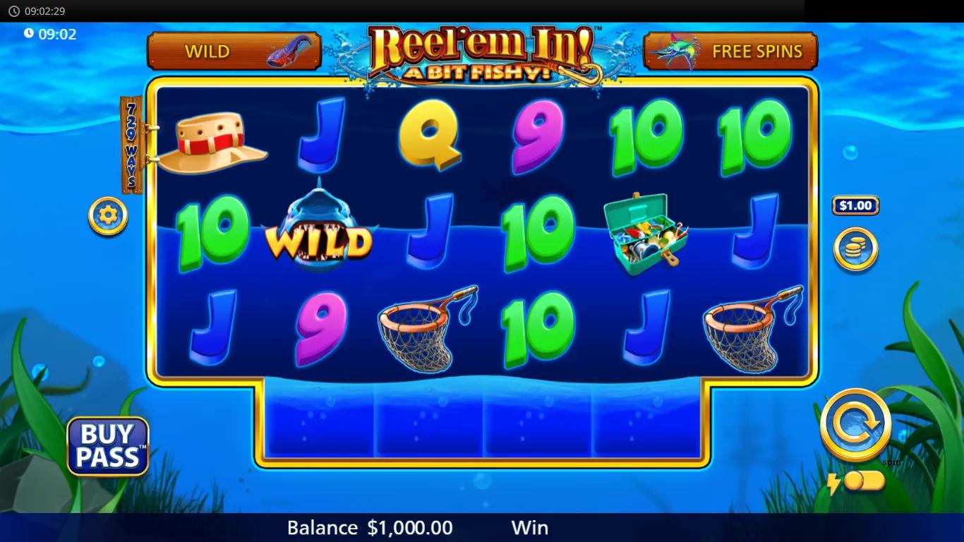 Reel 'Em In A Bit Fishy slot by Light & Wonder underwater theme with fishing rod and shark wild symbols