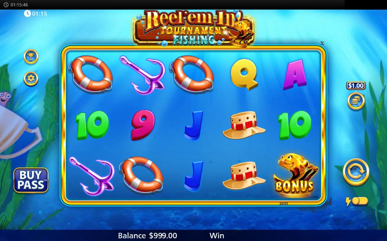 Reel 'Em In Tournament Fishing 5x3 reels with cartoon royals over deep teal underwater backdrop