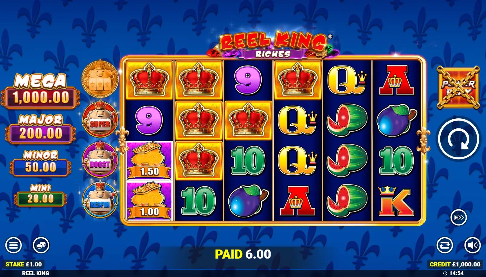 Reel King Riches Jackpot King slot gameplay showing 6x4 grid with MEGA MAJOR MINOR MINI cash pot panel and royal crown symbols