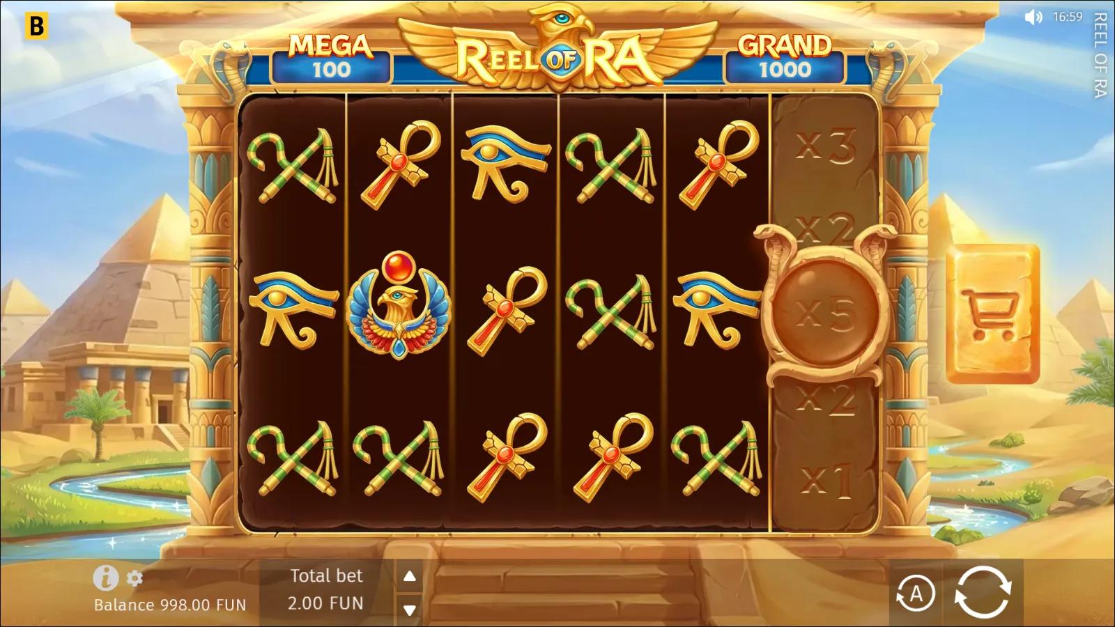 Reel of Ra slot gameplay showing the 5x3 Egyptian grid with a multiplier reel and MEGA/GRAND jackpots