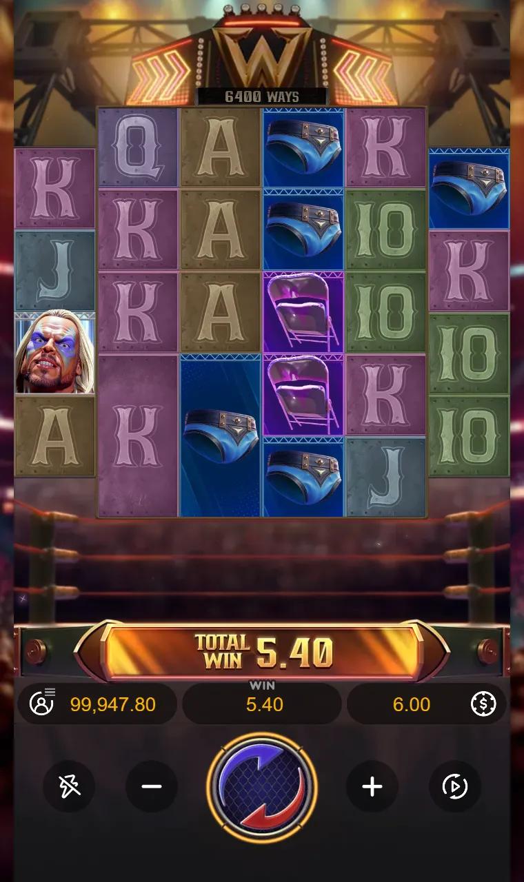 Reel Royale Showdown base game at 6400 ways after a short cascade chain, with oversized symbols on the middle reels and two belt arrows lit