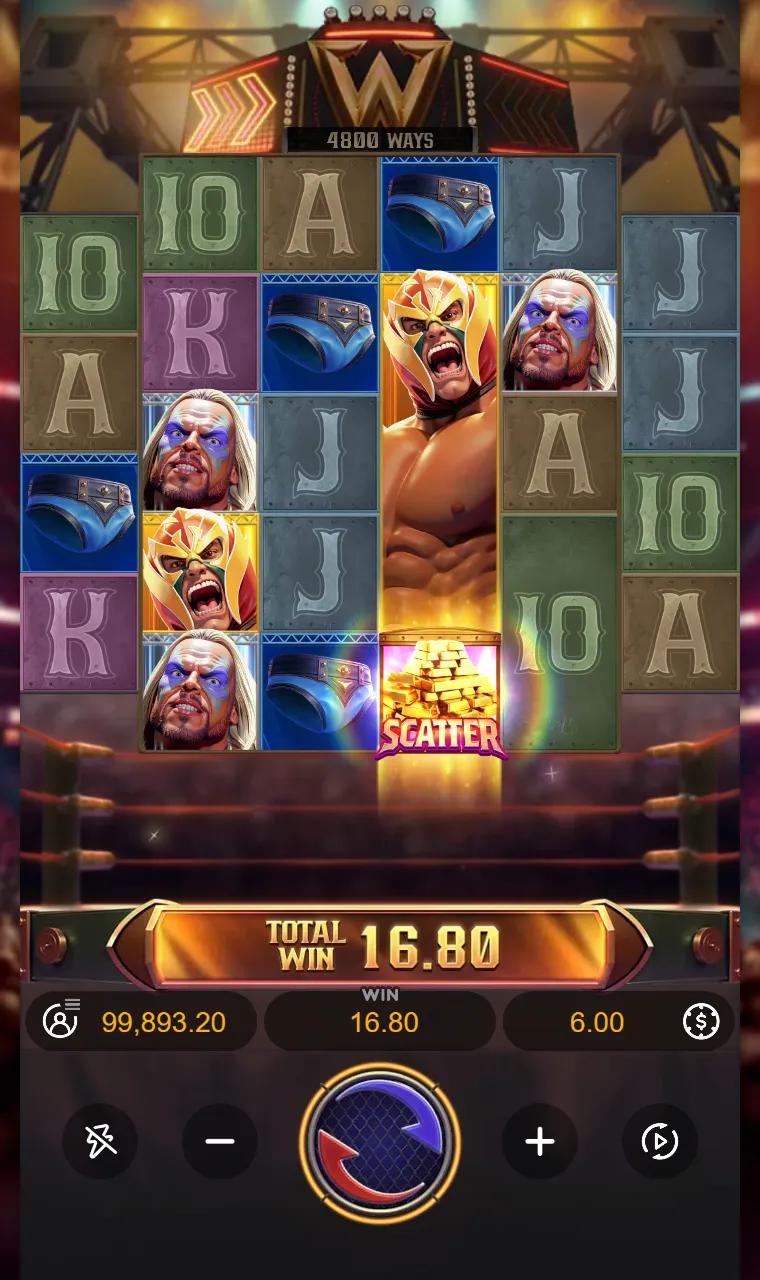 Reel Royale Showdown base game after a long cascade chain with premium wrestlers and a Scatter on the middle reel