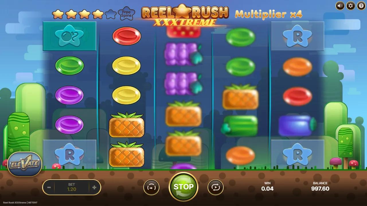 Reel Rush XXXtreme gameplay showing the expanding 1-3-5-3-1 grid mid Re-Spin with a x4 multiplier