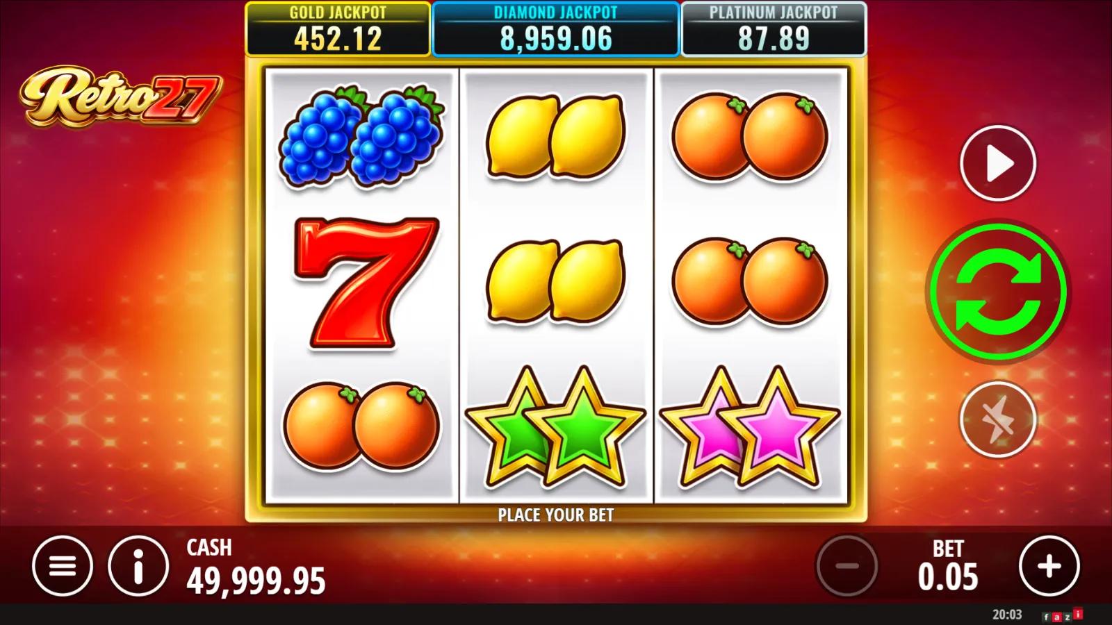 Retro 27 slot gameplay showing 3x3 fruit reels with red seven, stars and Gold, Diamond, Platinum jackpot meters