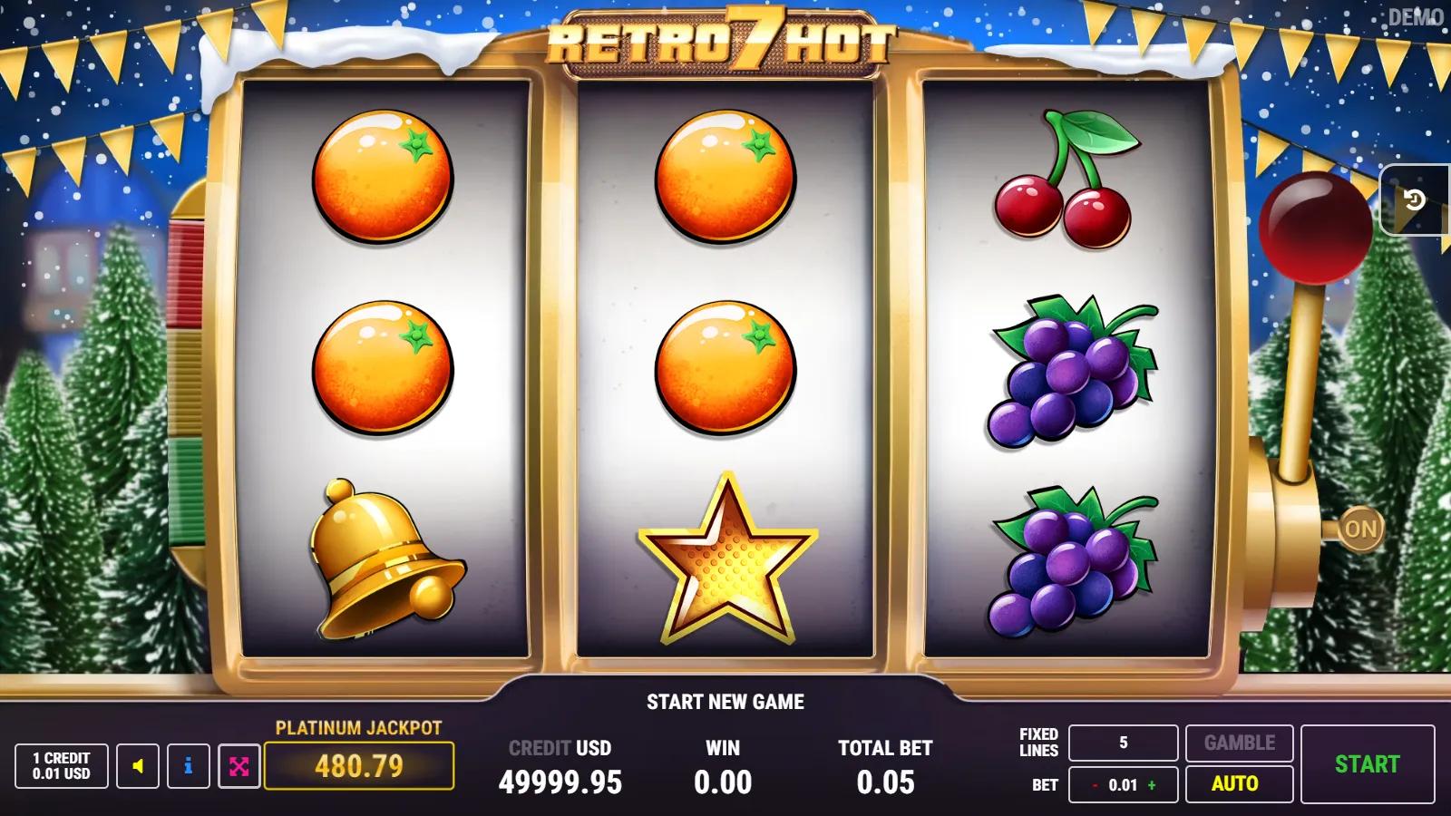 Retro 7 Hot Christmas slot gameplay showing classic 3-reel cabinet with red 7, gold star, bell, fruits and 5 paylines