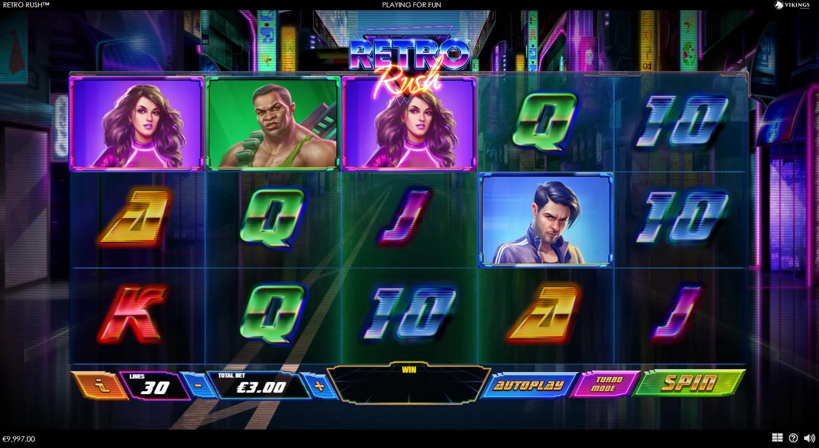 Retro Rush 5x3 neon 80s grid with rider and fighter character symbols and glowing chrome-neon royals