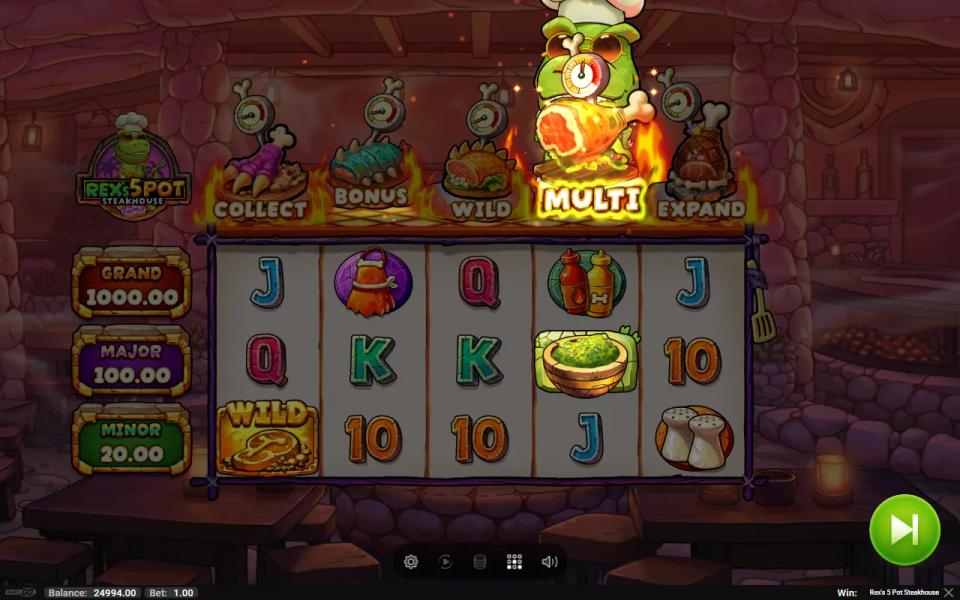 Rex's 5 Pot Steakhouse base game: five dishes labelled Collect, Bonus, Wild, Multi and Expand above a 5x3 board, with the Multi pot glowing and the T-rex chef behind it