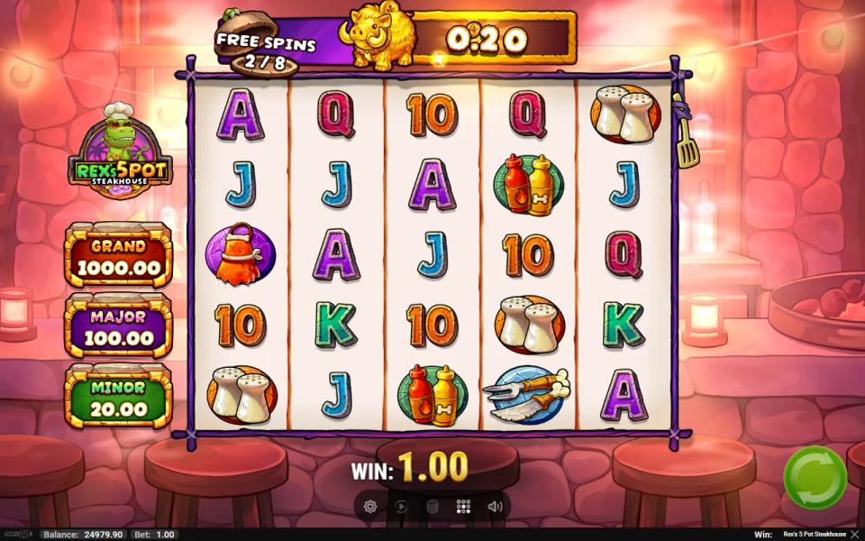 Rex's 5 Pot Steakhouse free spins with the Expand pot: the board grown to five rows of five symbols