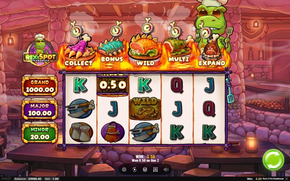 Rex's 5 Pot Steakhouse base game after a first pot has fired, with the spatula on the right of the reels turned teal
