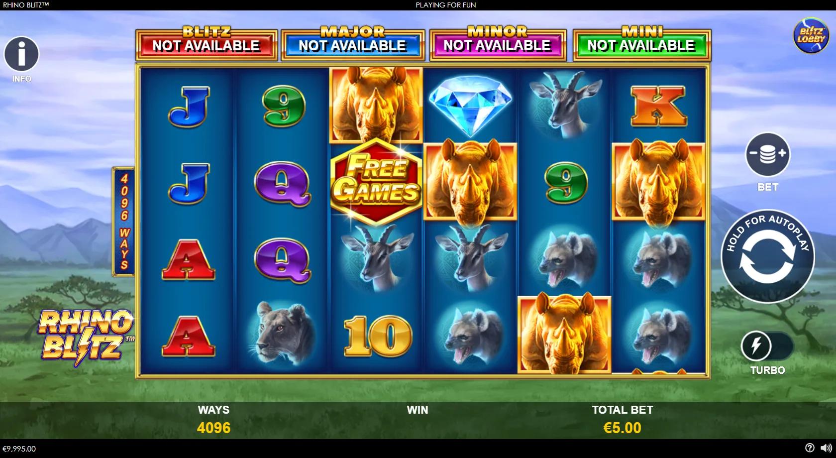Rhino Blitz gameplay showing a 6x4 savanna reel set with a golden rhino, lioness, monkey, diamond wild and Free Games scatter