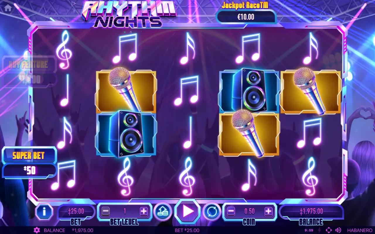 Rhythm Nights slot 5x4 neon club grid with microphone and speaker symbols over a silhouetted crowd