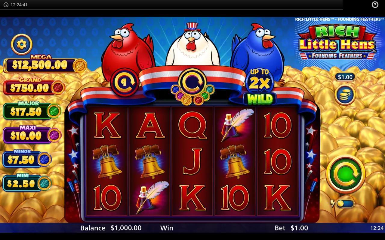 Rich Little Hens Founding Feathers slot showing 5x3 grid with patriotic hens and Blue/Yellow/Red coin meters above reels