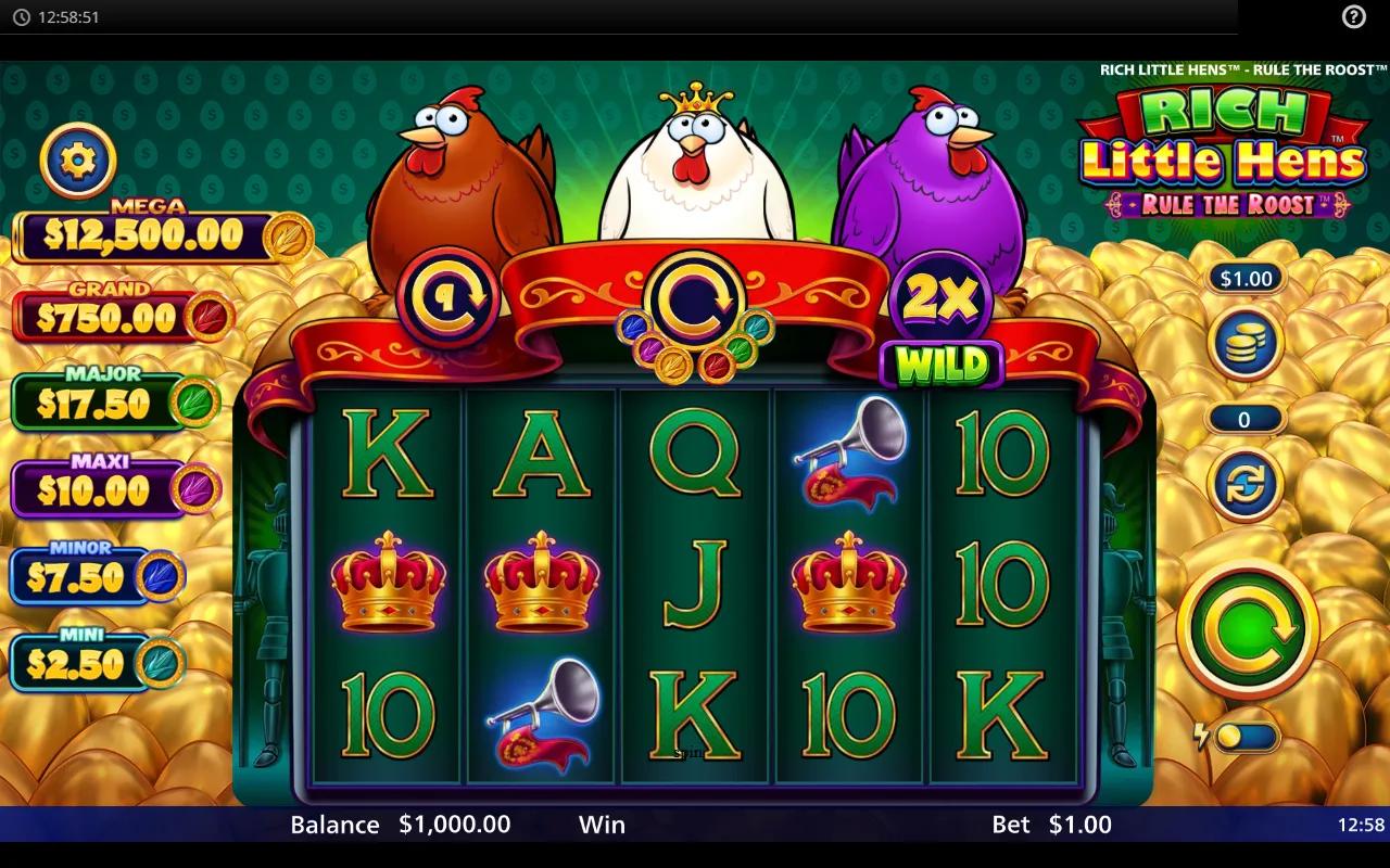 Rich Little Hens Rule The Roost slot showing 5x3 grid with queen hen, brown and purple hens above the reels