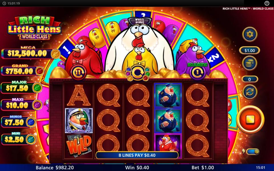 Stacked Queen symbols across three reels of Rich Little Hens World Class paying eight lines at once.