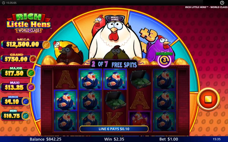 Rich Little Hens World Class free spin in which the mystery reveal has turned most of the grid into pilot symbols.