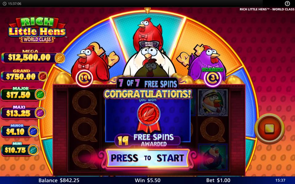 Rich Little Hens World Class upgrade card awarding nineteen additional free spins from the red hen meter.