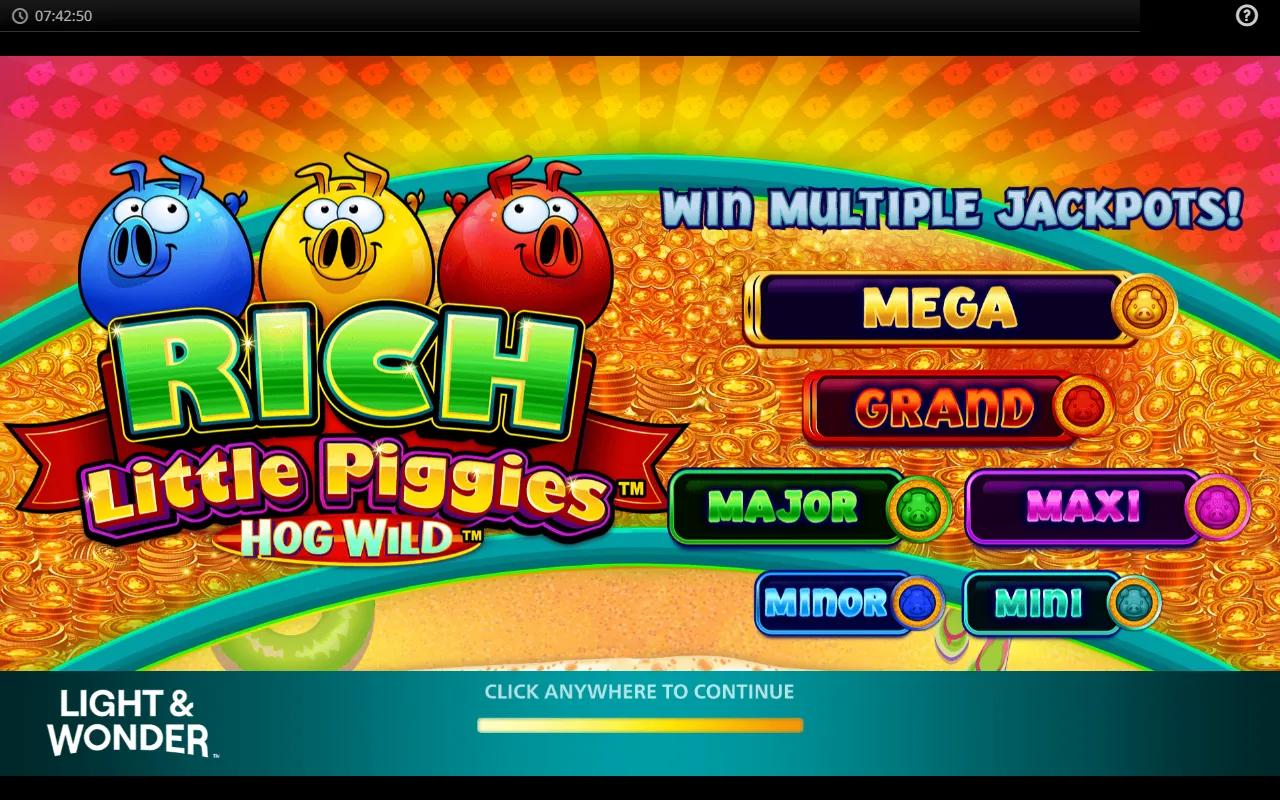 Rich Little Piggies Hog Wild slot beach scene with cartoon pigs, tiki mask, and 6-tier jackpot ladder