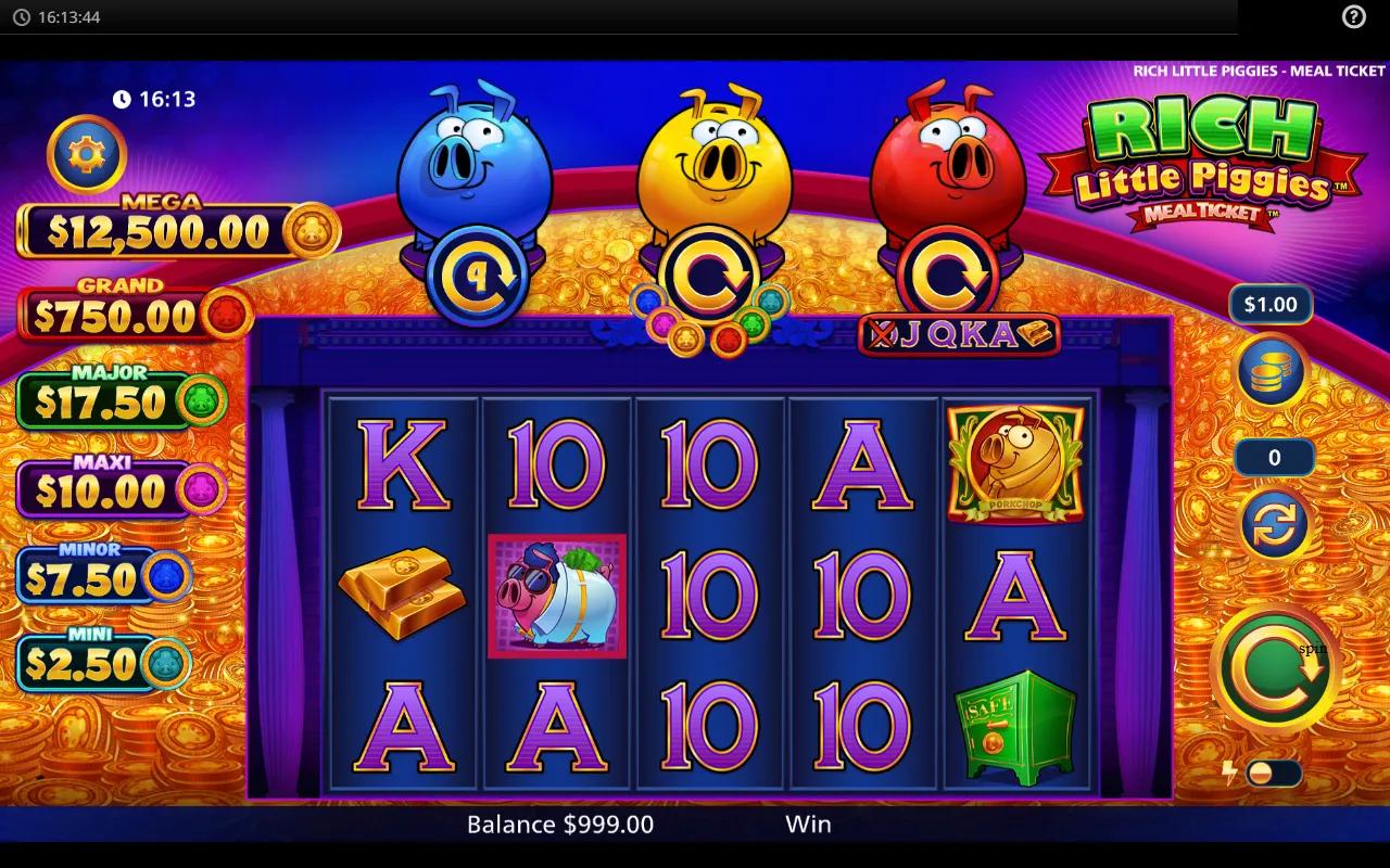 Rich Little Piggies Meal Ticket gameplay showing 5x3 grid with Blue, Yellow and Red coin meters and 6-tier jackpot ladder above the reels