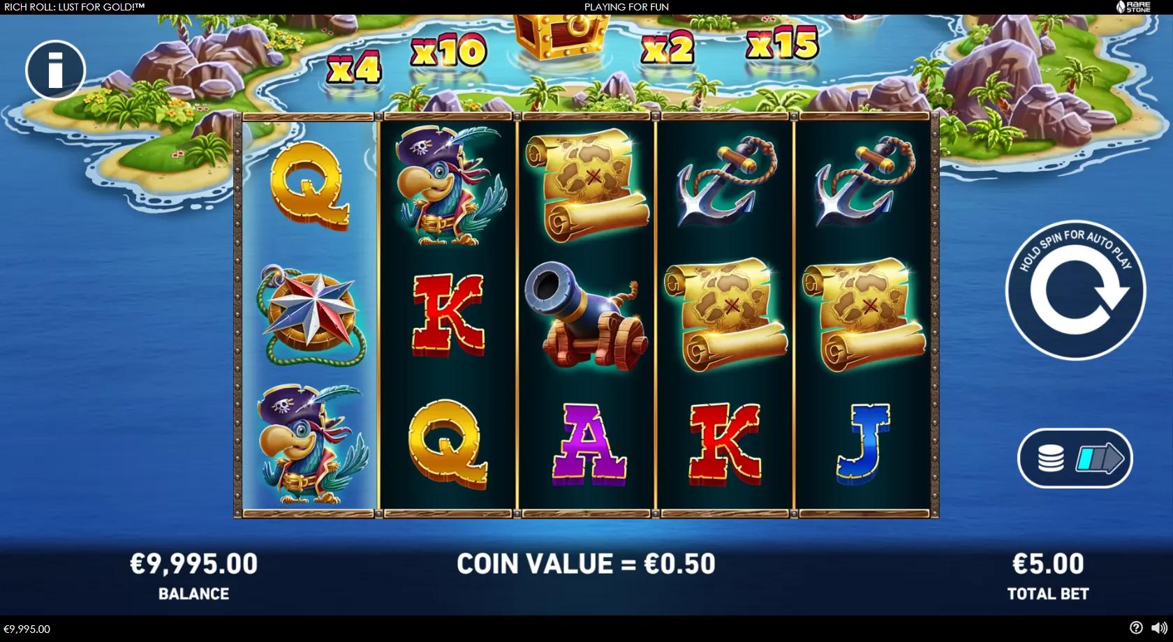 Rich Roll Lust for Gold gameplay showing 5x3 pirate reels below a River Trail of multiplier prizes