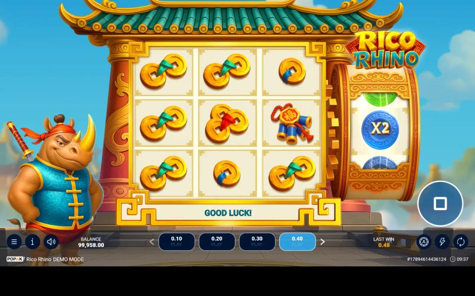 A losing board of coins and firecrackers on Rico Rhino with the multiplier drum showing X2 beside it