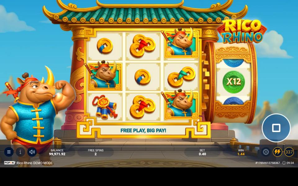 Rico Rhino's free spins round with two spins remaining and the multiplier drum showing X12