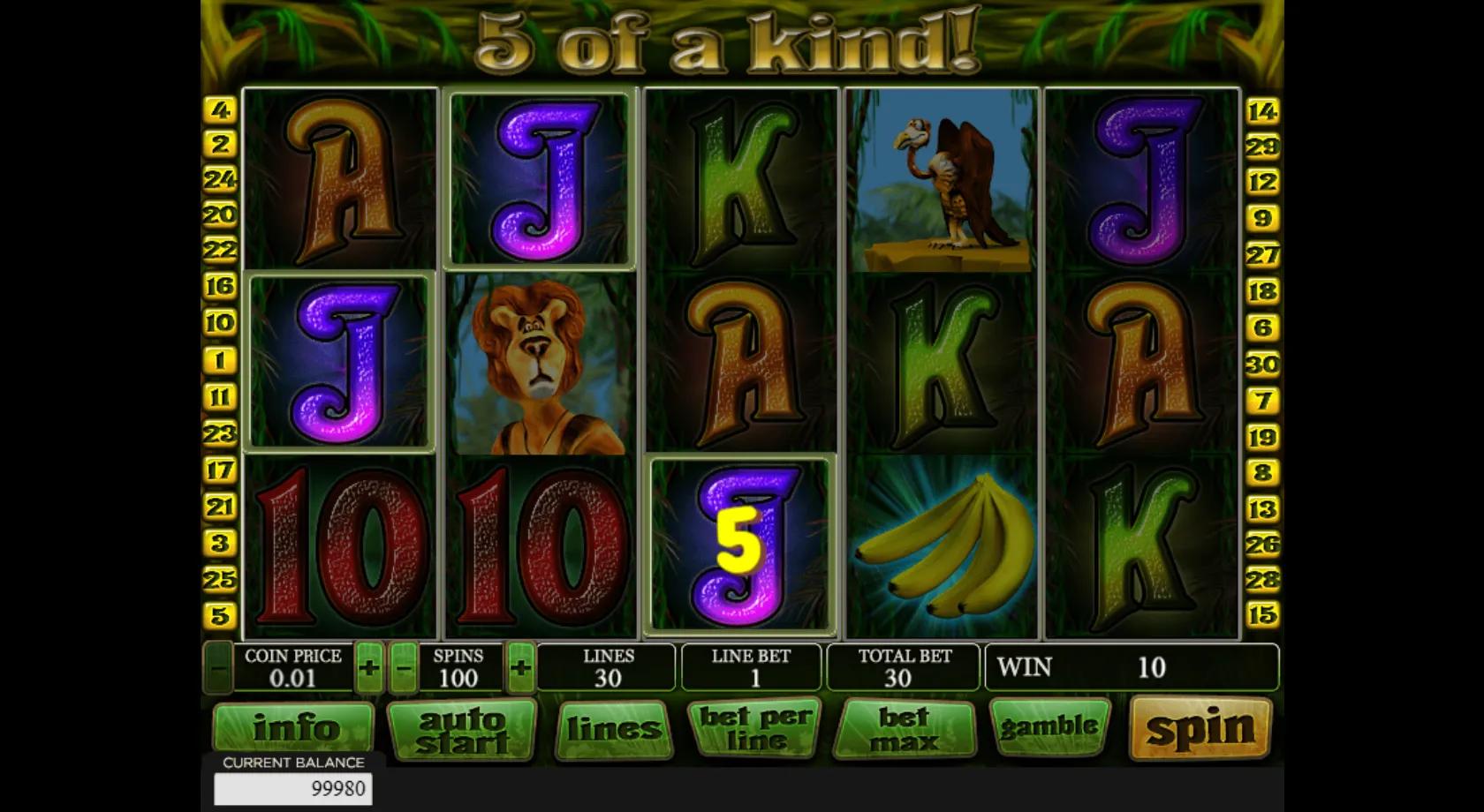 Riddle Jungle gameplay showing a 5x3 jungle reel set with a lion, vulture, parrot, pineapple wild and banana scatter