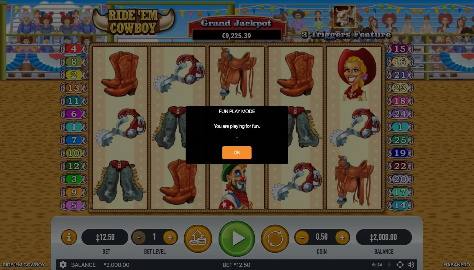 Ride 'em Cowboy slot showing 5x3 grid with cowgirl, rodeo clown, chaps and boots on rodeo arena backdrop