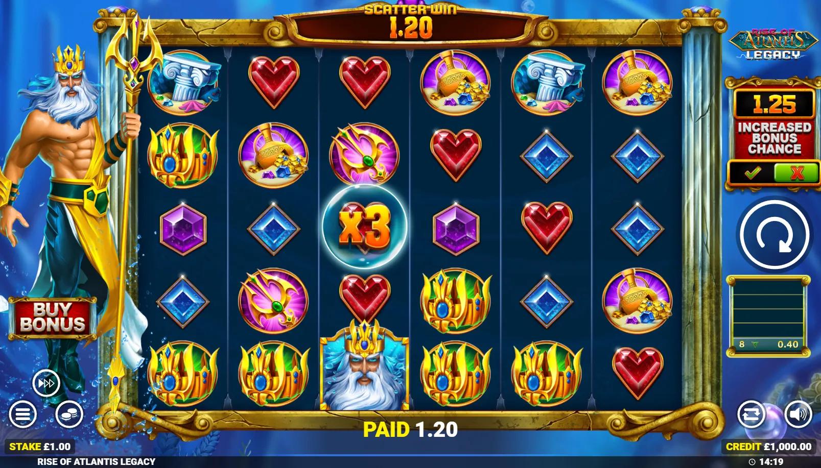 Rise of Atlantis Legacy gameplay on 6x5 scatter pays grid with Poseidon, x3 Rising Multiplier orb and Buy Bonus button