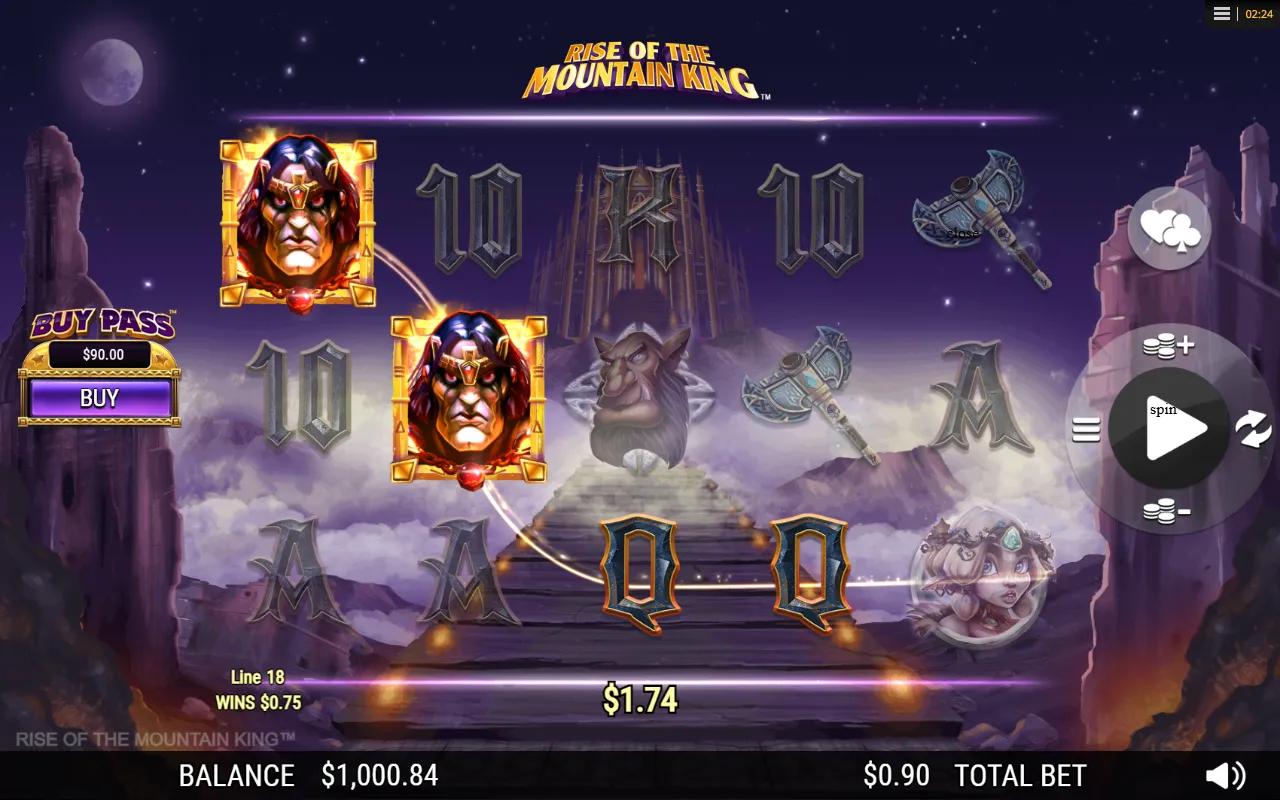 Rise of the Mountain King slot gameplay showing the 5x3 grid with King wilds, battle-axe scatter, and the Buy Pass panel