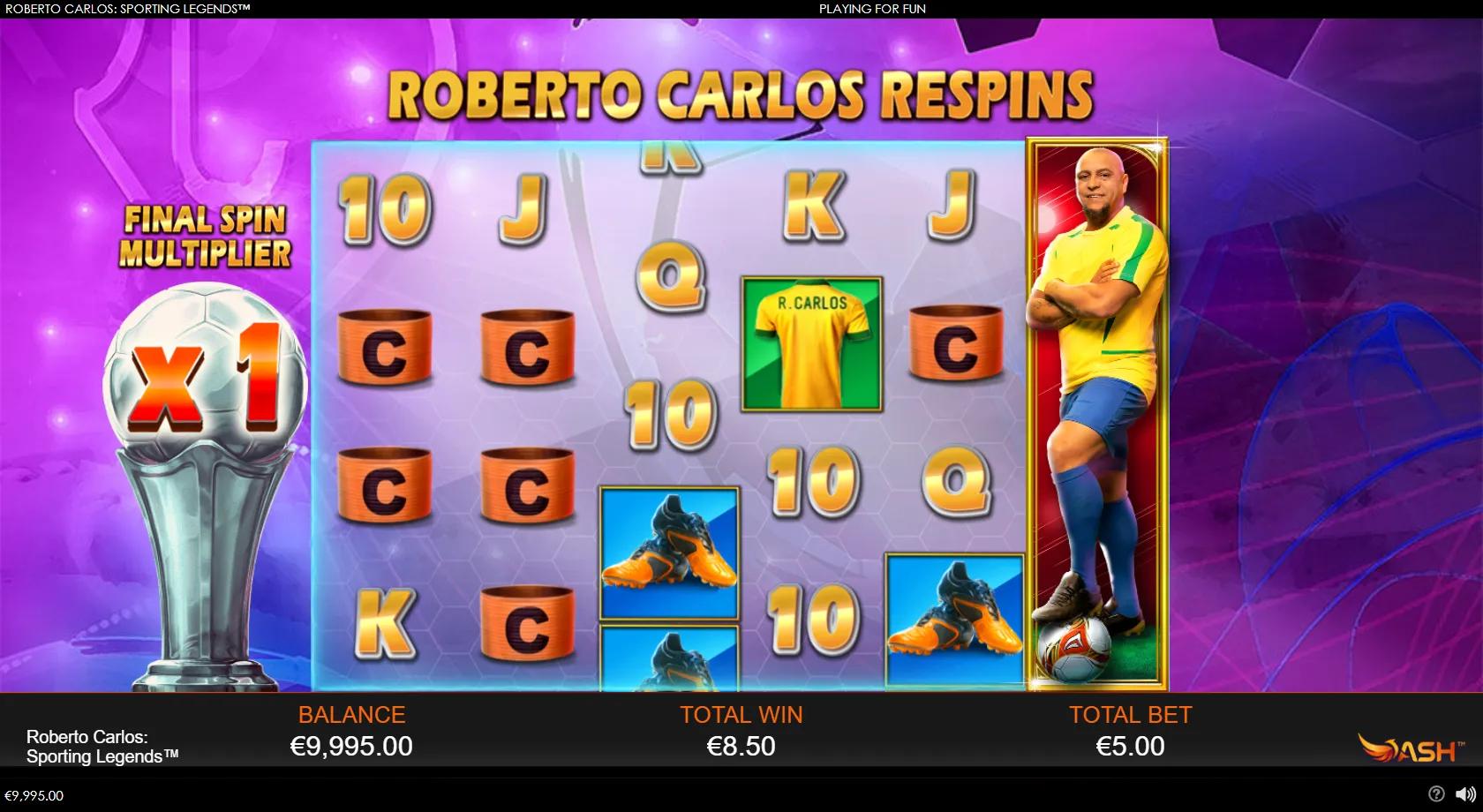 Roberto Carlos Sporting Legends gameplay showing 6x4 stadium reels with trophy, jersey and boots symbols and three jackpots