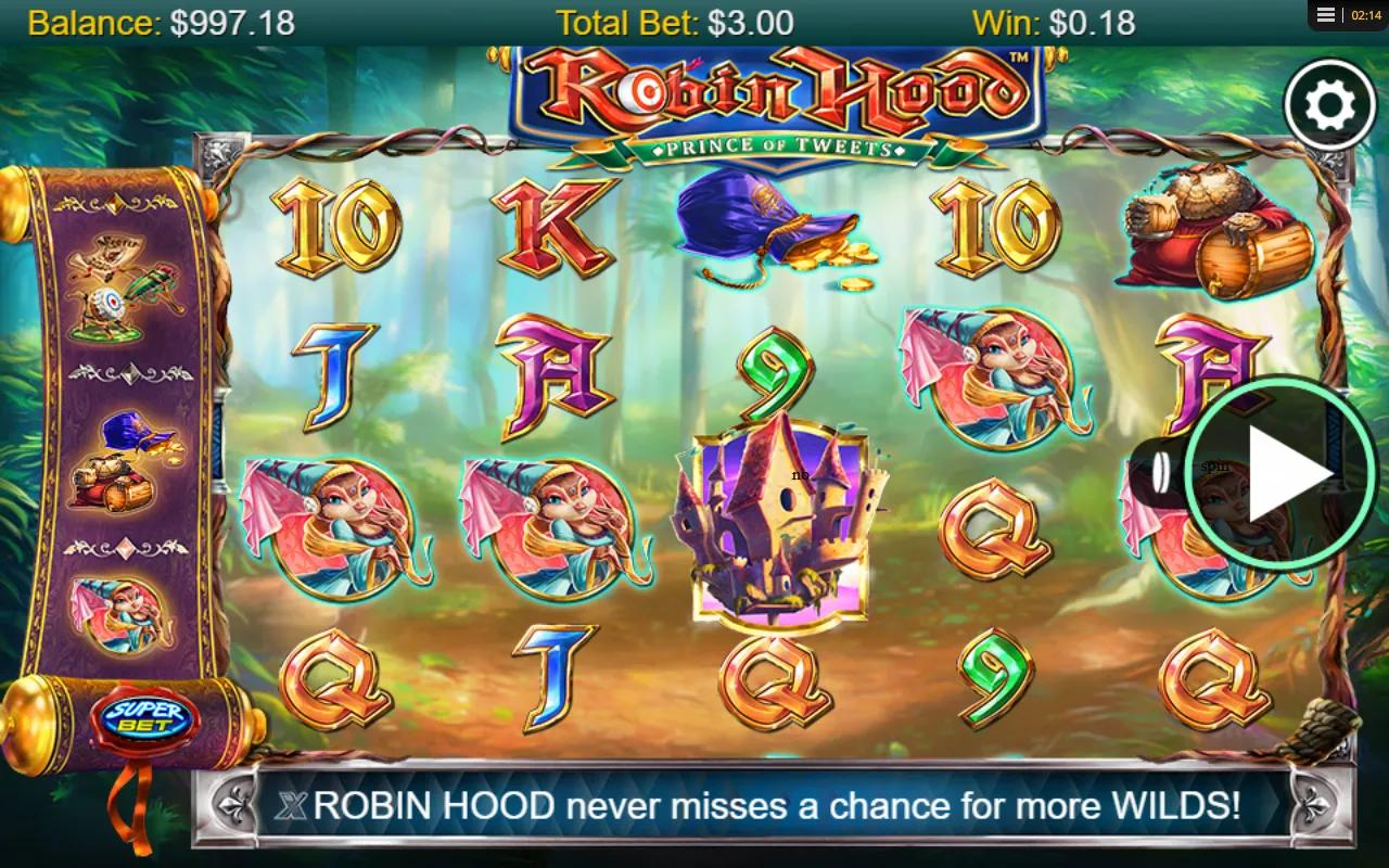 Robin Hood Prince of Tweets slot gameplay showing 5x3 forest grid with SuperBet ladder and purple Castle scatter