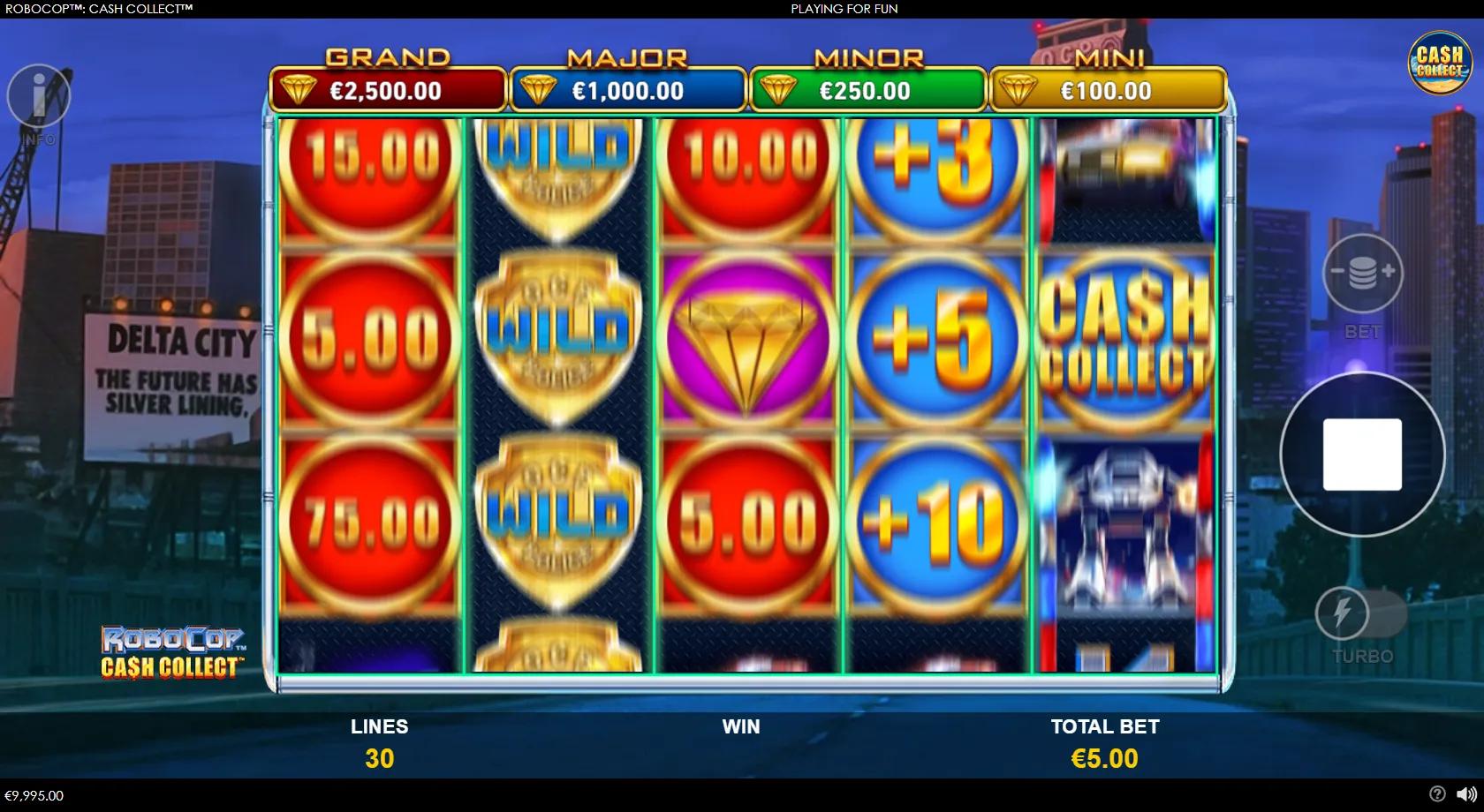 RoboCop: Cash Collect gameplay showing the 5x3 reels with red cash coins and OCP symbols against the neon Delta City skyline