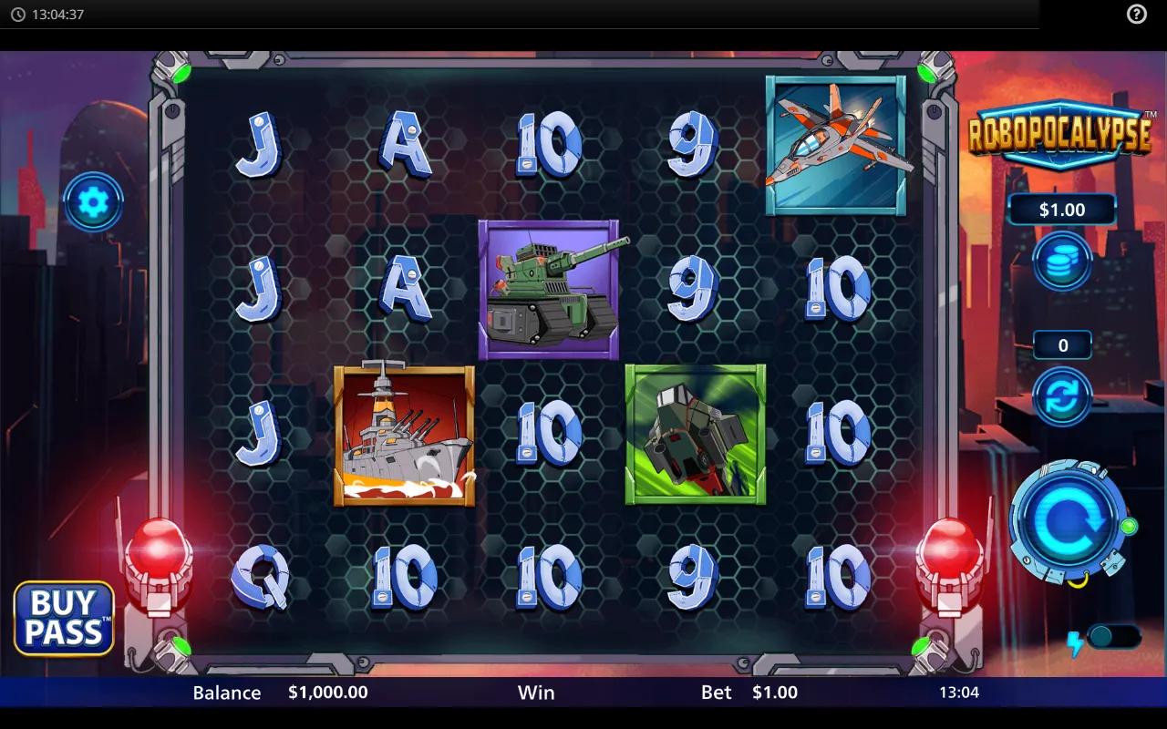 Robopocalypse slot showing 5x4 grid with plane, battleship, tank and helicopter symbols on a hexagonal grid