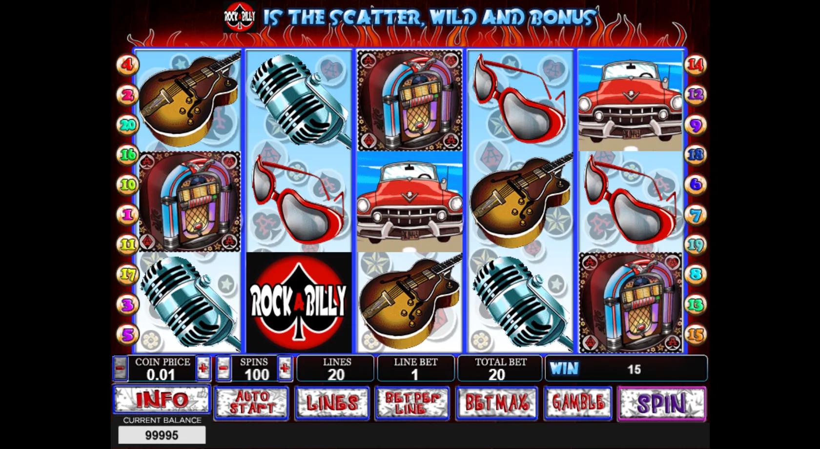 Rockabilly gameplay showing a 5x3 fifties reel set with a pin-up girl, red Cadillac, jukebox skull and Rock A Billy logo