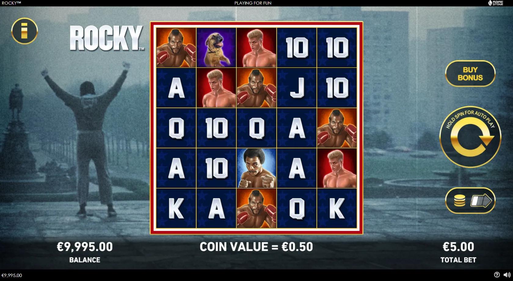 Rocky gameplay showing the 5x5 reel grid with Rocky, Apollo Creed and Clubber Lang symbols