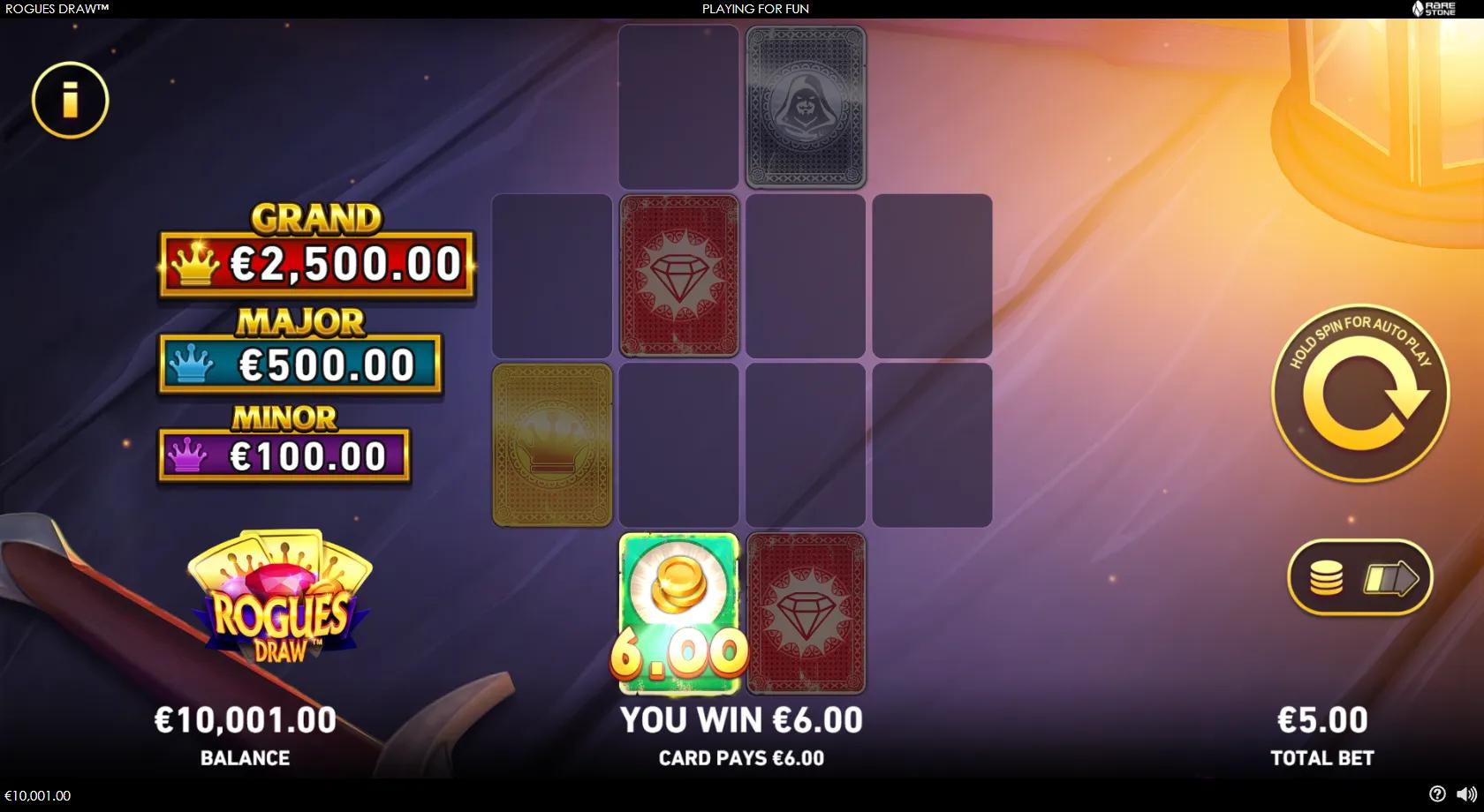 Rogues Draw gameplay showing the cross-shaped card grid with value cards and hooded Bandit cards