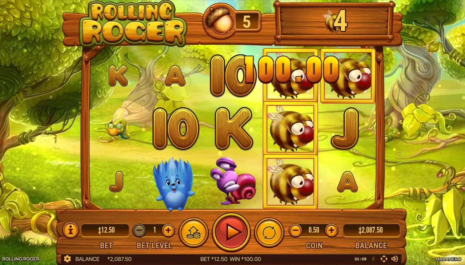 Rolling Roger slot gameplay showing 5x3 grid with hedgehog character, acorn counter, frog and snail symbols on green forest backdrop