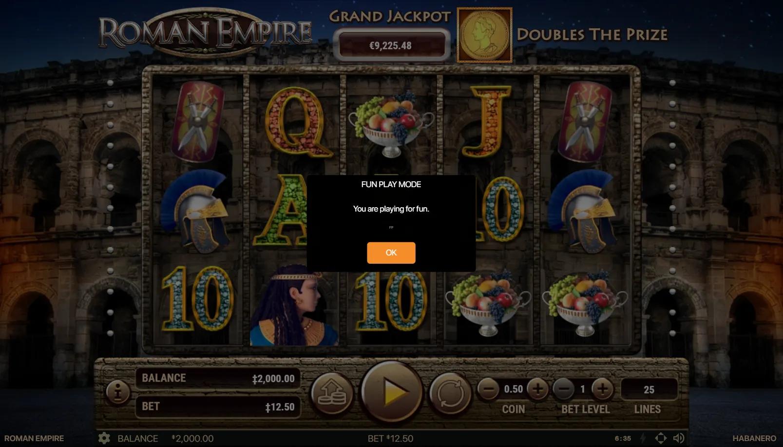 Roman Empire slot gameplay showing 5x3 grid with Caesar coin Doubles The Prize symbol on amphitheatre backdrop