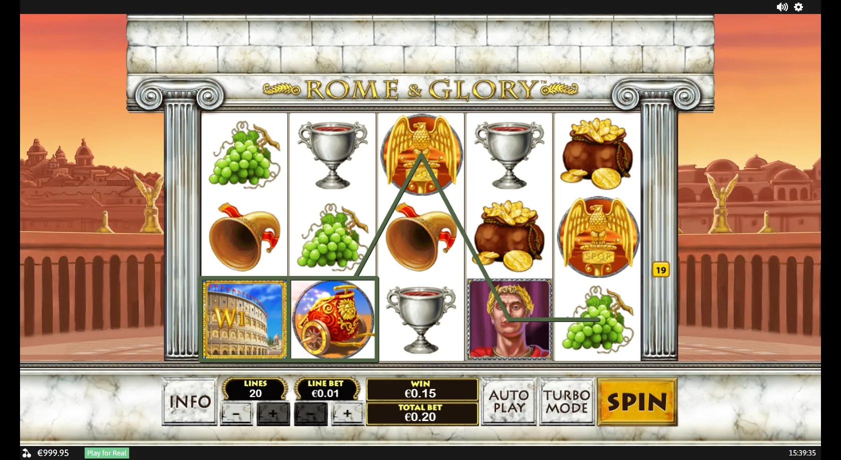 Rome & Glory slot: 5x3 twenty-line Roman temple grid with the Colosseum wild-scatter, Julius Caesar, SPQR eagle and chariot