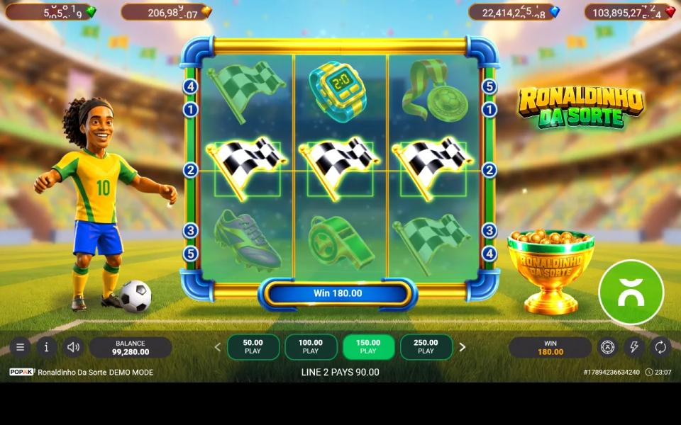 Three checkered flags across the middle payline of Ronaldinho Da Sorte's 3x3 grid, paying 180.00 at a 150.00 stake