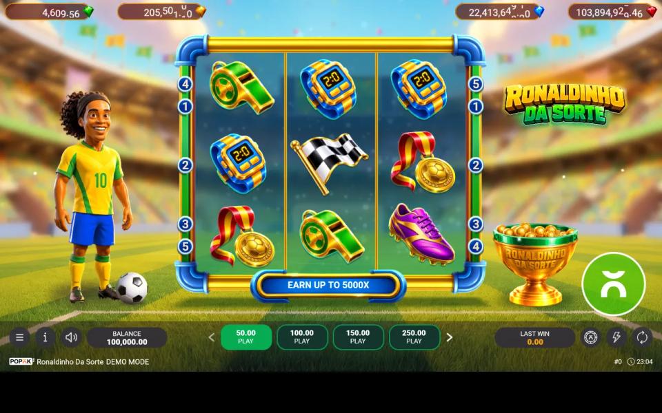 Ronaldinho Da Sorte's 3x3 grid with four progressive jackpot counters running above the reels