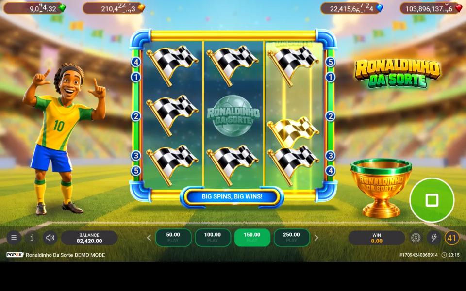 Ronaldinho Da Sorte's respin ending with eight of nine cells filled by checkered flags and the centre still empty