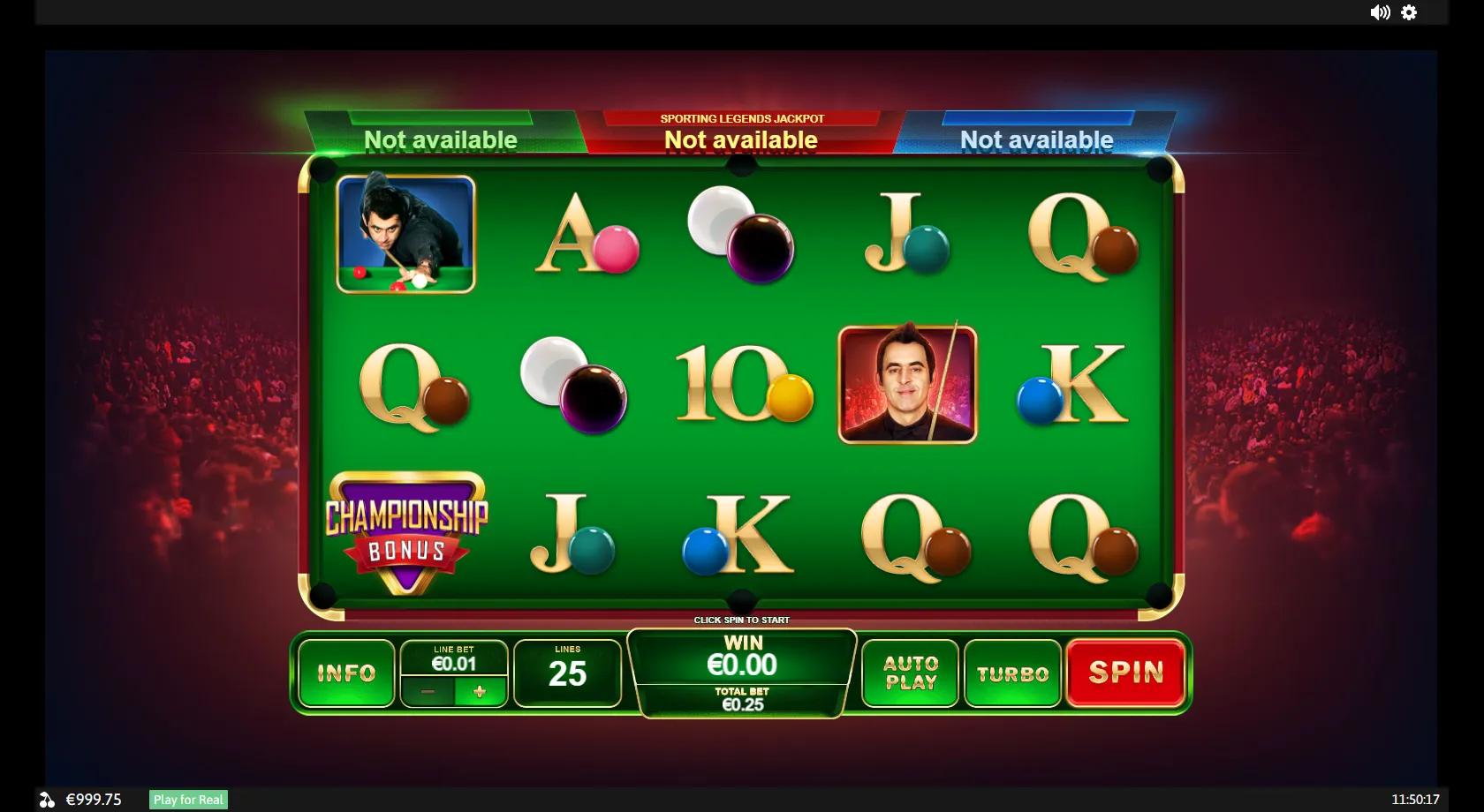 Ronnie O'Sullivan Sporting Legends gameplay showing a 5x3 snooker-table reel set with Ronnie, chalk, balls and jackpot banners