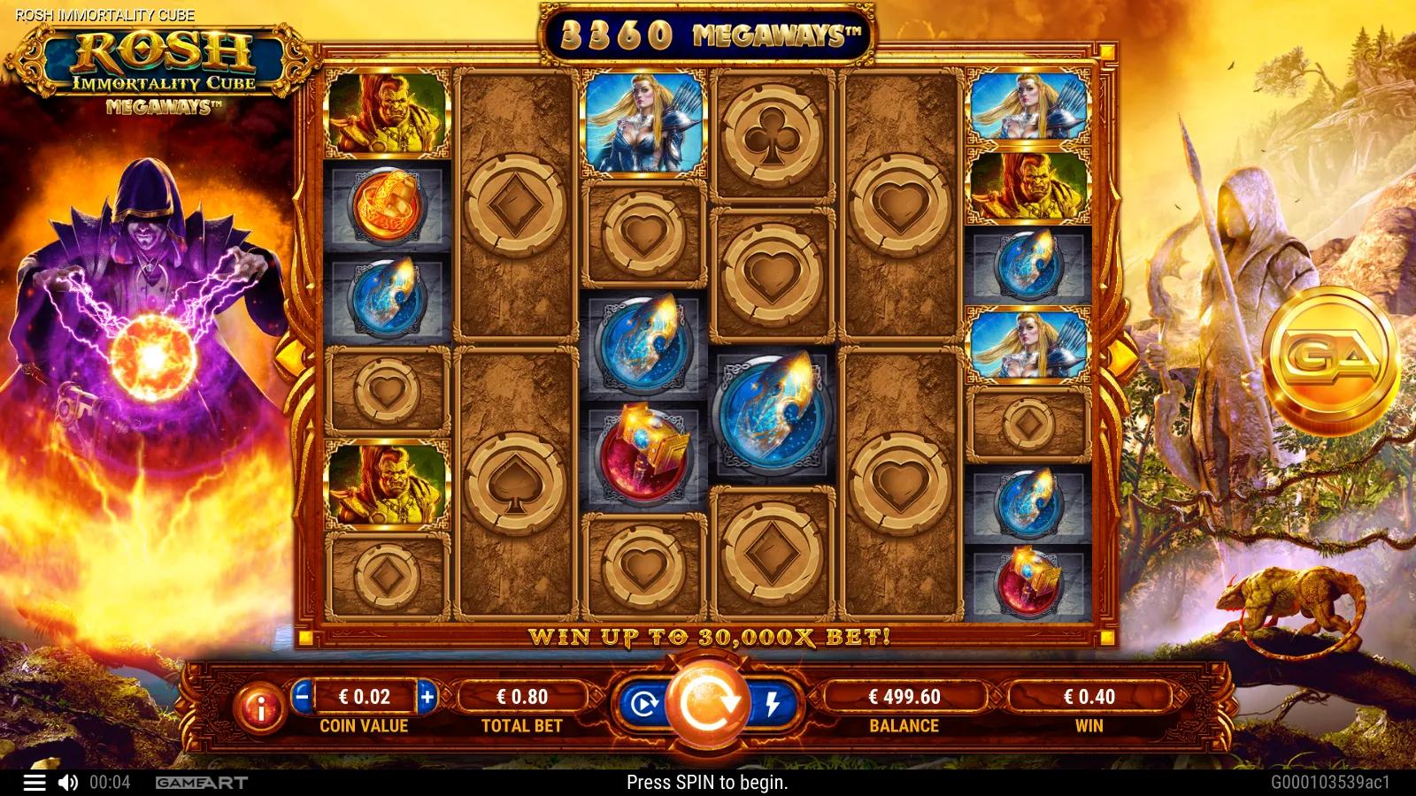 Rosh Immortality Cube Megaways slot gameplay showing the 6-reel Megaways grid of Egyptian god symbols, gem orbs and stone card suits with a Megaways counter