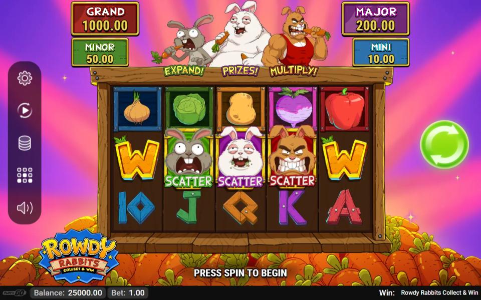 The 5x3 board showing all three rabbit scatter symbols at once, with the four prize panels reading 1000, 200, 50 and 10 at a one-unit stake